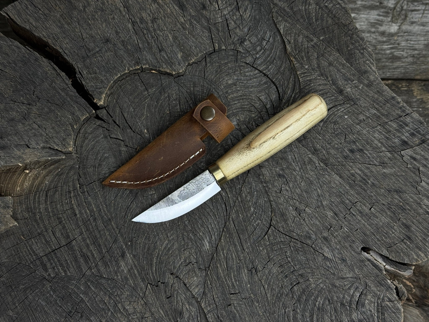 Hand-Forged Bushcraft Knife, 7.5 cm (2.9 inches) with leather sheath