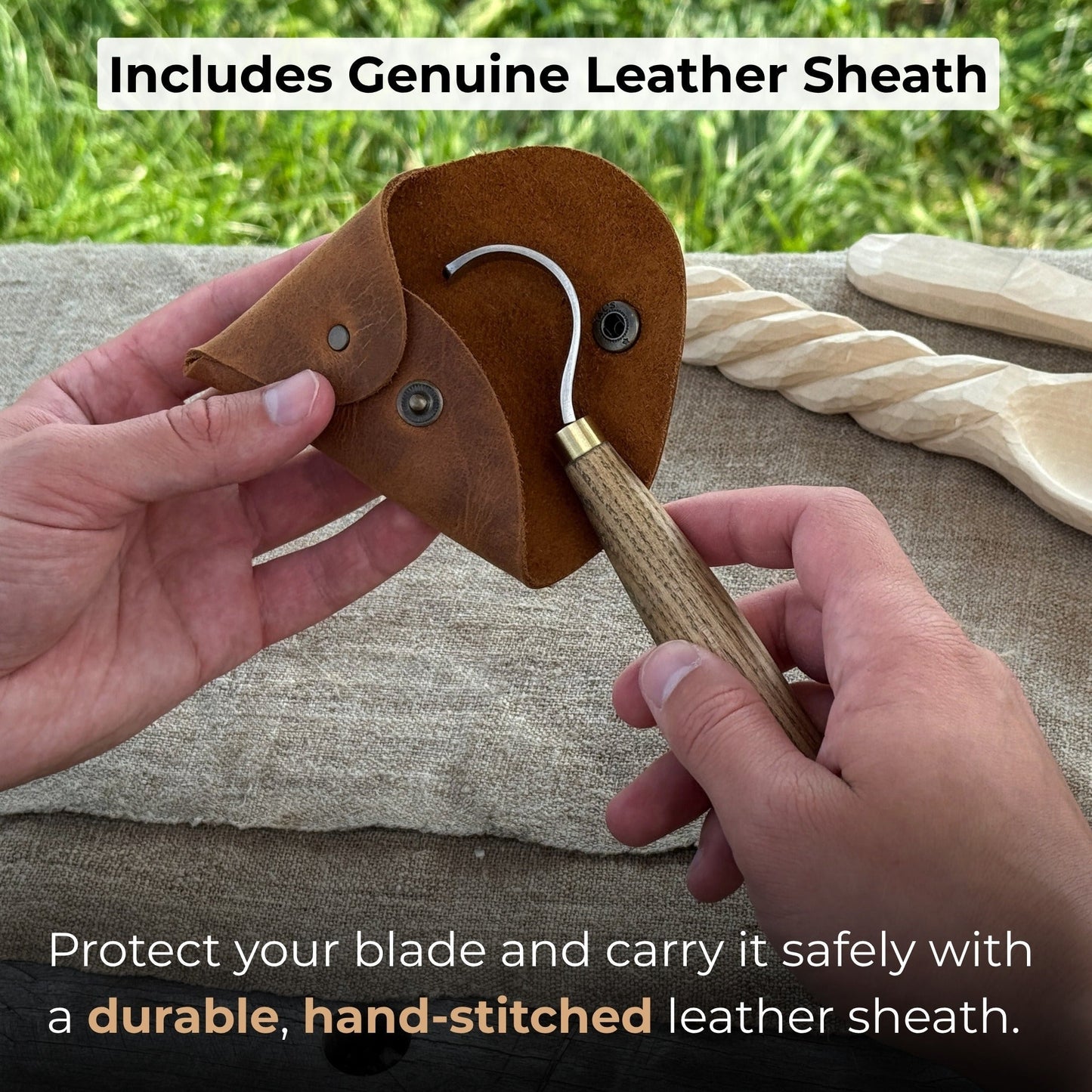 Spoon Carving Hook Knife with Leather Sheath, 3.5 cm (1.38 inches)