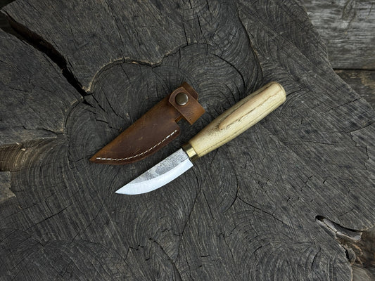 Hand-Forged Bushcraft Knife, 7.5 cm (2.9 inches) with leather sheath